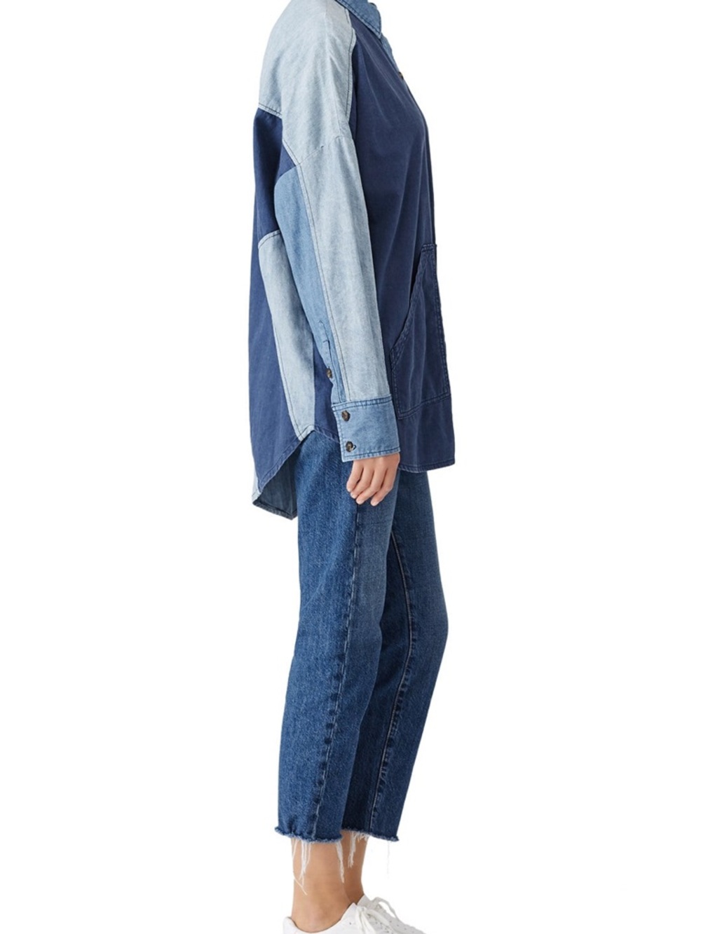 Free People Two-Tone Patchwork Denim Shirt Jacket - Blue - Picture 3 of 9